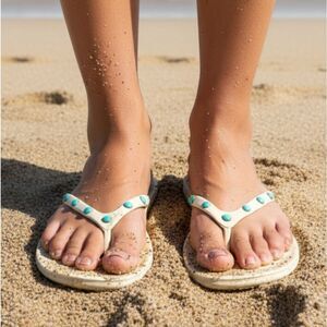 OKA b white and turquoise flip flops M